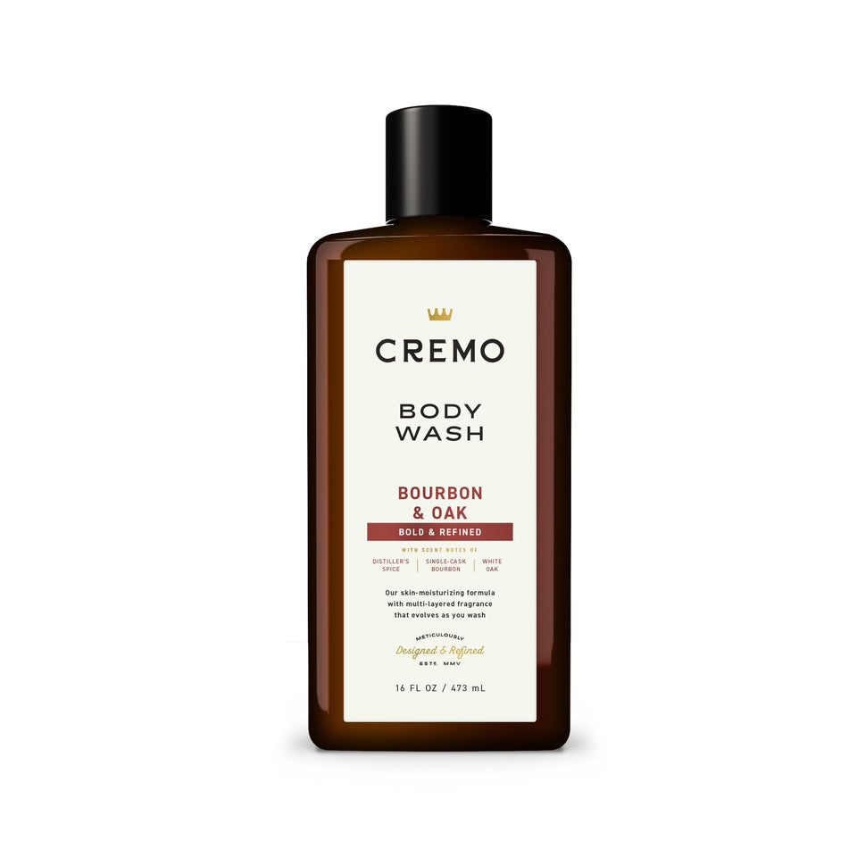 Cremo front label showing Bourbon & Oak scent and bottle benefits