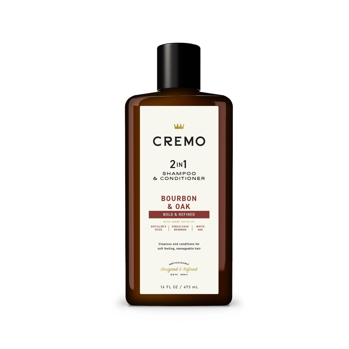 Cremo bottle front packaging showing bourbon and oak scent and clear branding benefits