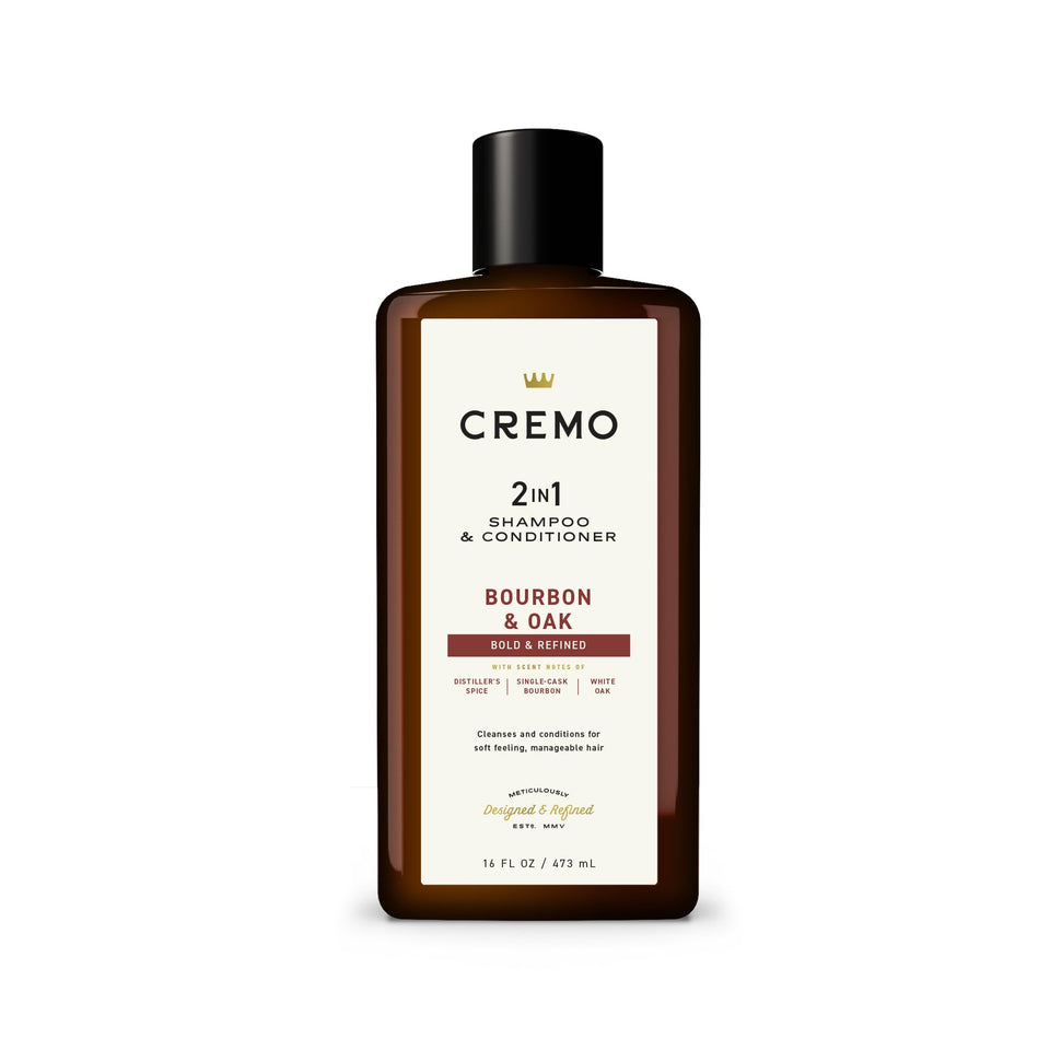 Cremo bottle front packaging showing bourbon and oak scent and clear branding benefits