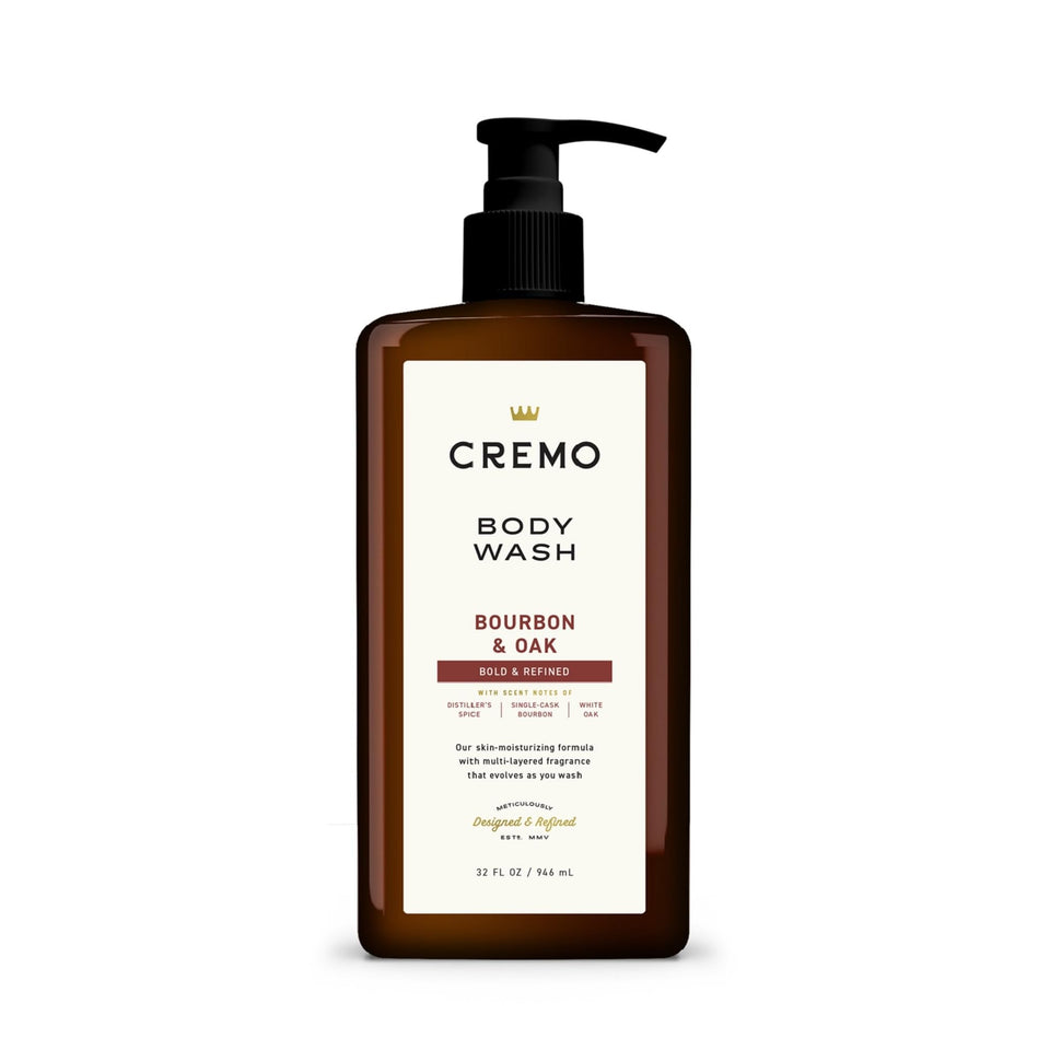 Cremo pump bottle front view showing bourbon & oak scent and convenient dispenser