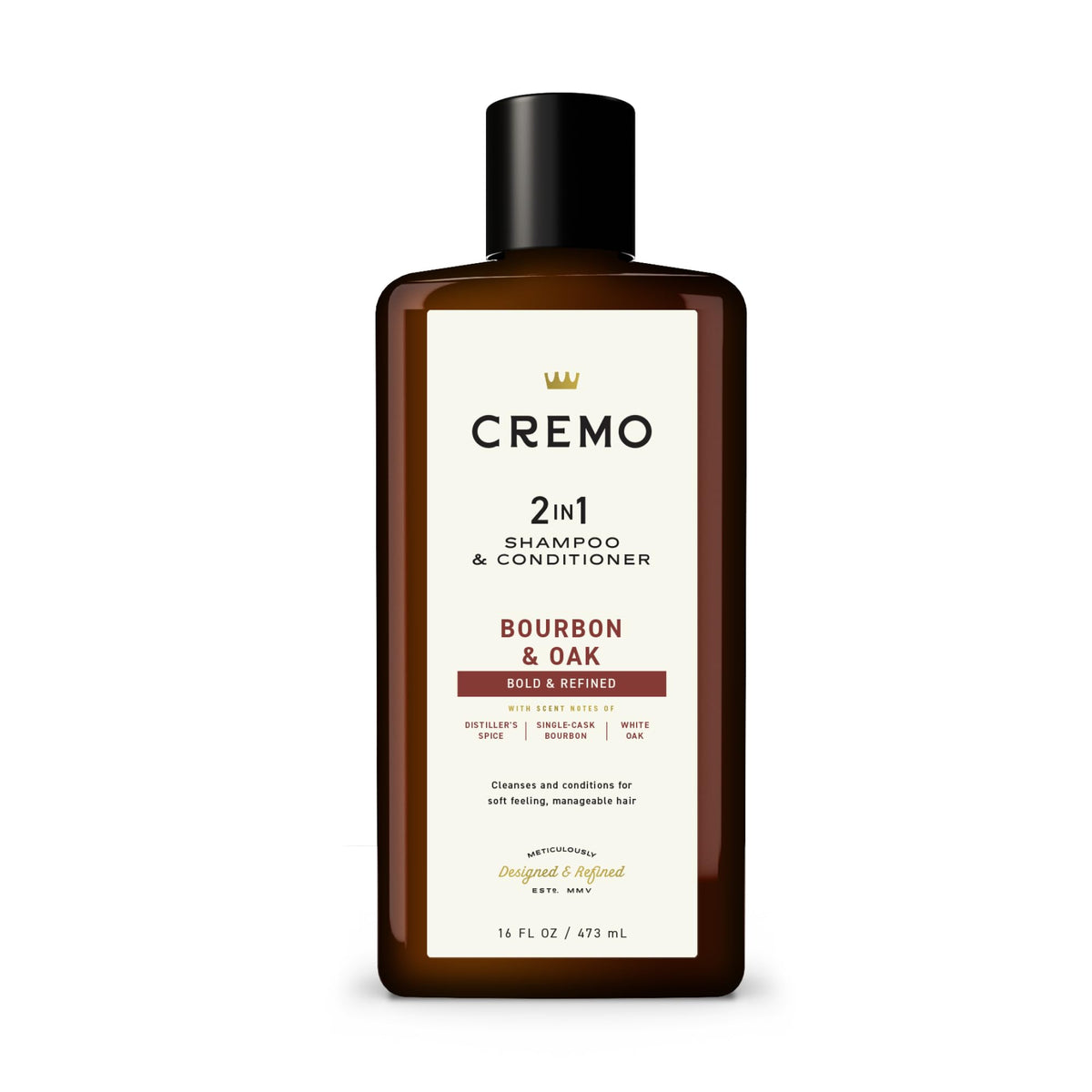 Cremo label closeup highlighting Bourbon & Oak scent and premium formula benefit