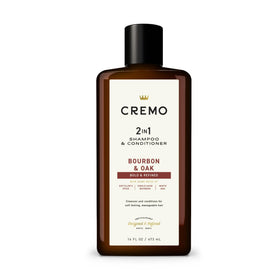 Cremo label closeup highlighting Bourbon & Oak scent and premium formula benefit