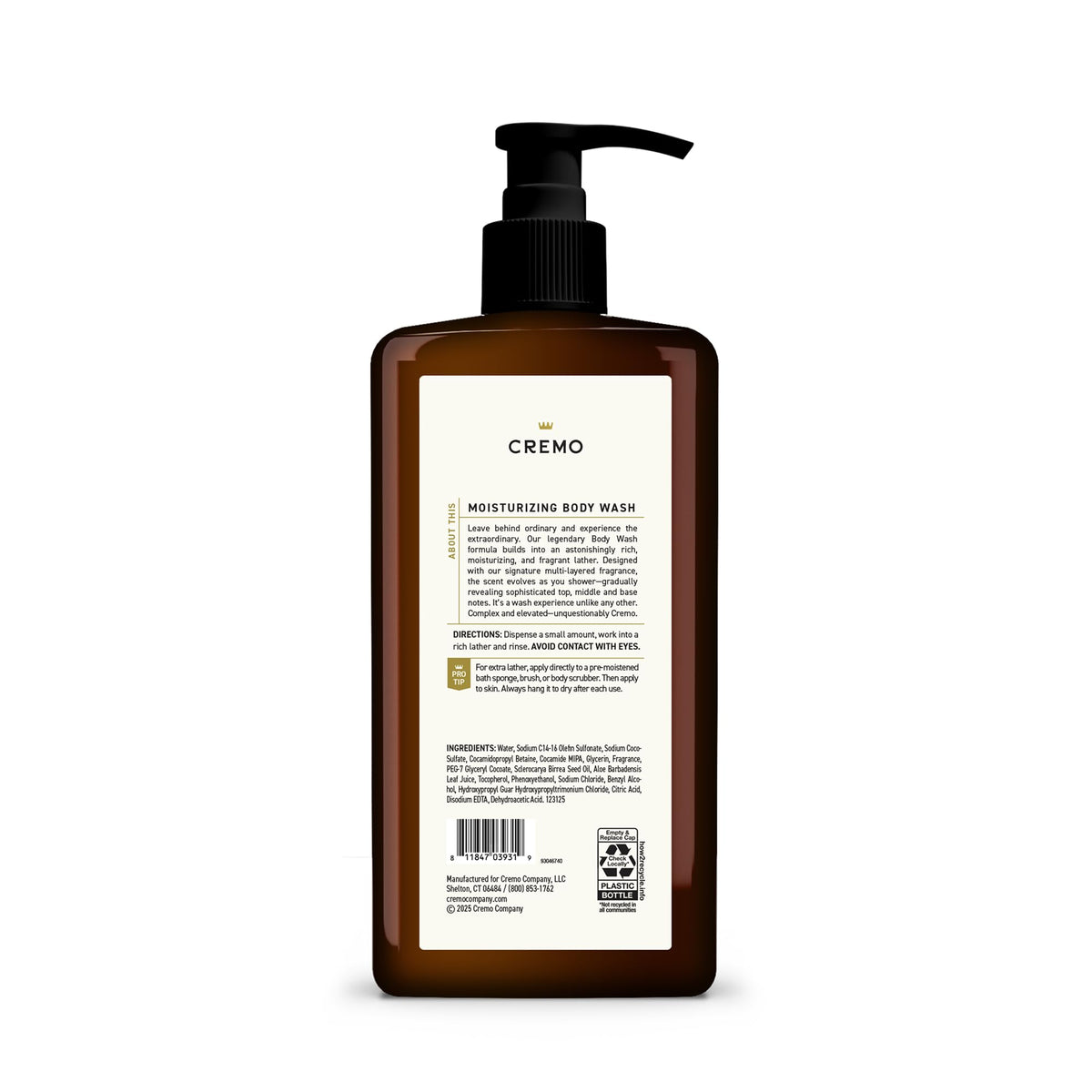 Cremo 32 oz bottle beside razor showing large size and value