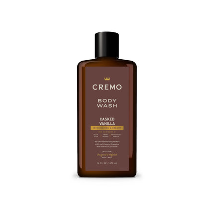 Cremo bottle front label showing casked vanilla scent and benefits