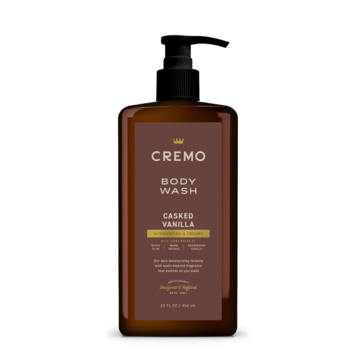 Cremo bottle front view showing label and pump, highlights convenient size