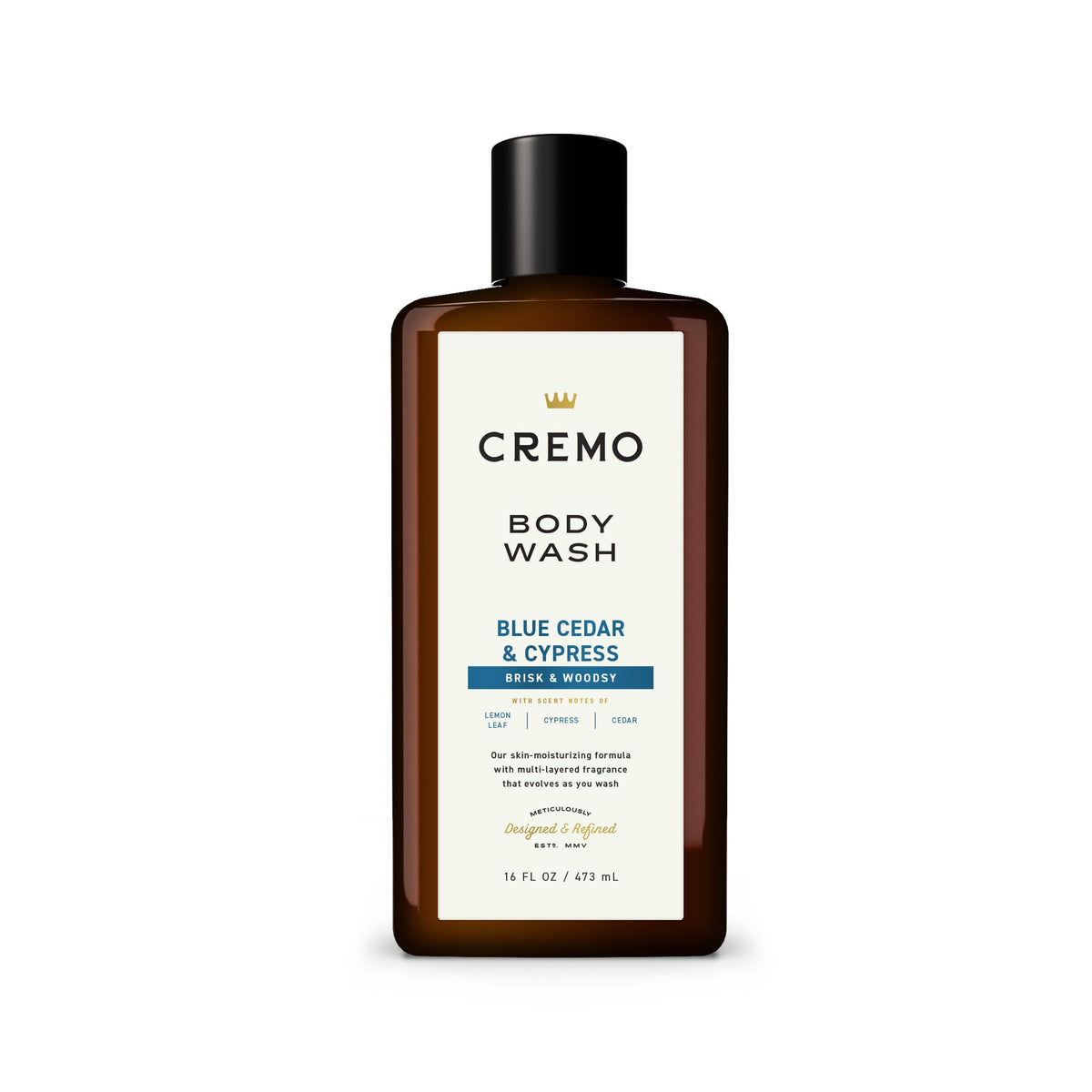 Cremo bottle front packaging showing cypress and cedar scent and benefits