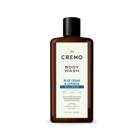 Cremo bottle front packaging showing cypress and cedar scent and benefits