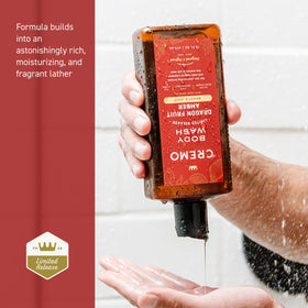 Cremo body wash pouring into palm showing smooth viscosity and easy application benefit
