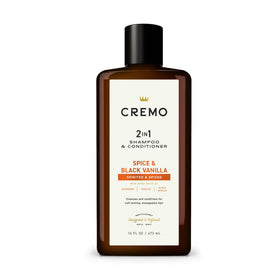 Cremo front bottle shows Spice & Black Vanilla label and moisturizing benefit