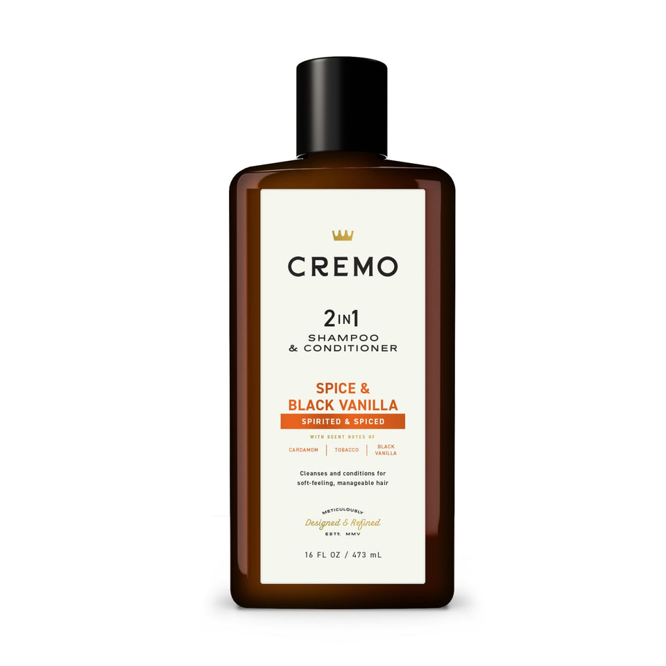 Cremo front bottle shows Spice & Black Vanilla label and moisturizing benefit