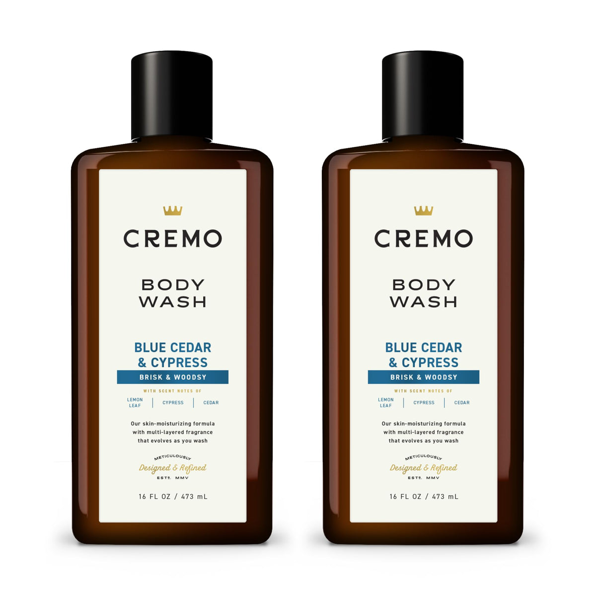 Cremo front packaging showing two bottles and woodsy-citrus scent for appeal