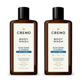 Cremo front packaging showing two bottles and woodsy-citrus scent for appeal