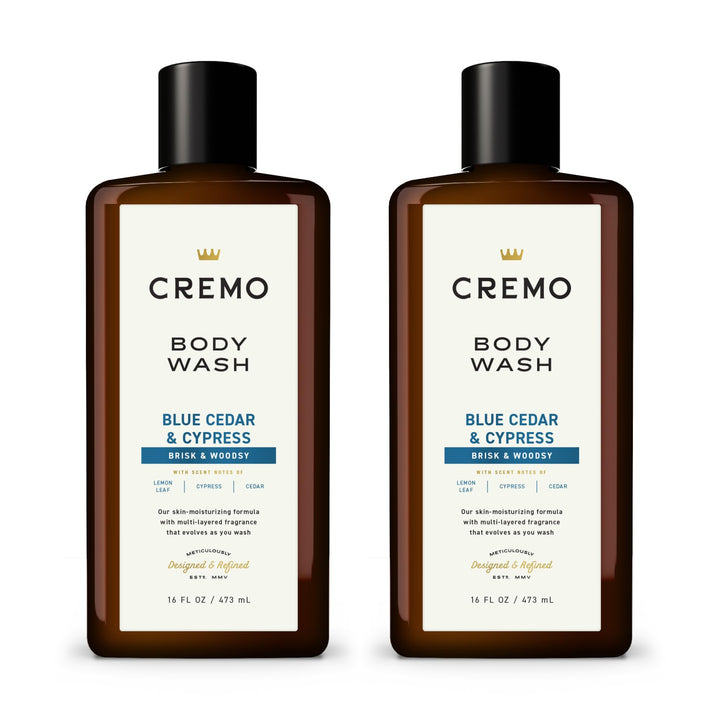 Cremo front packaging showing two bottles and woodsy-citrus scent for appeal