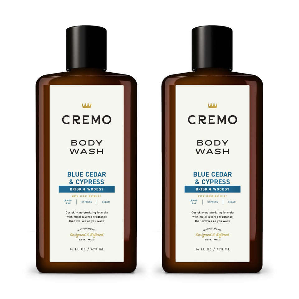 Cremo front packaging showing two bottles and woodsy-citrus scent for appeal