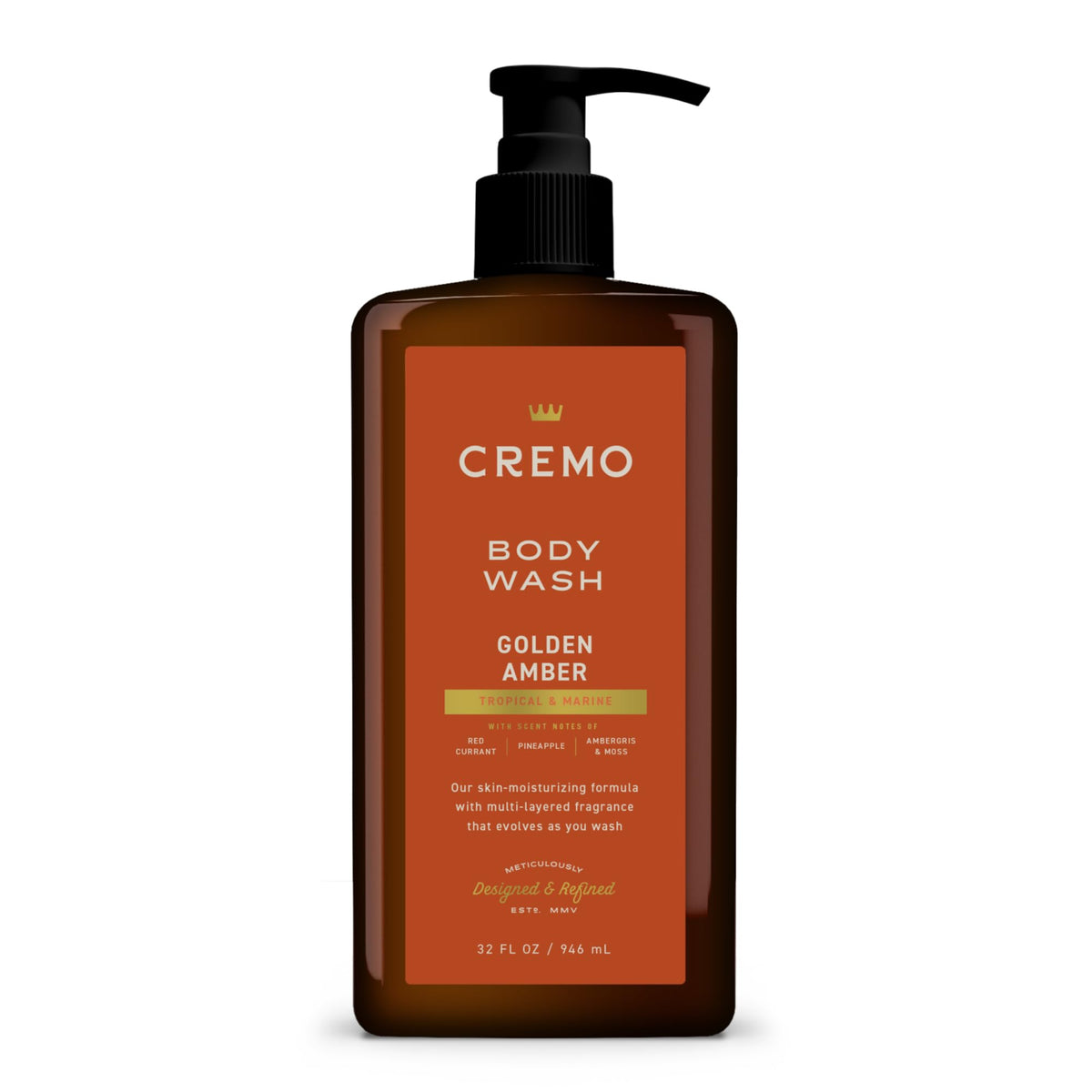 Cremo bottle front view showing golden amber label and luxurious large size