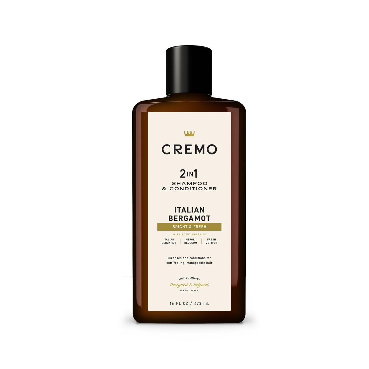 Cremo bottle front label showing Italian Bergamot fragrance benefits