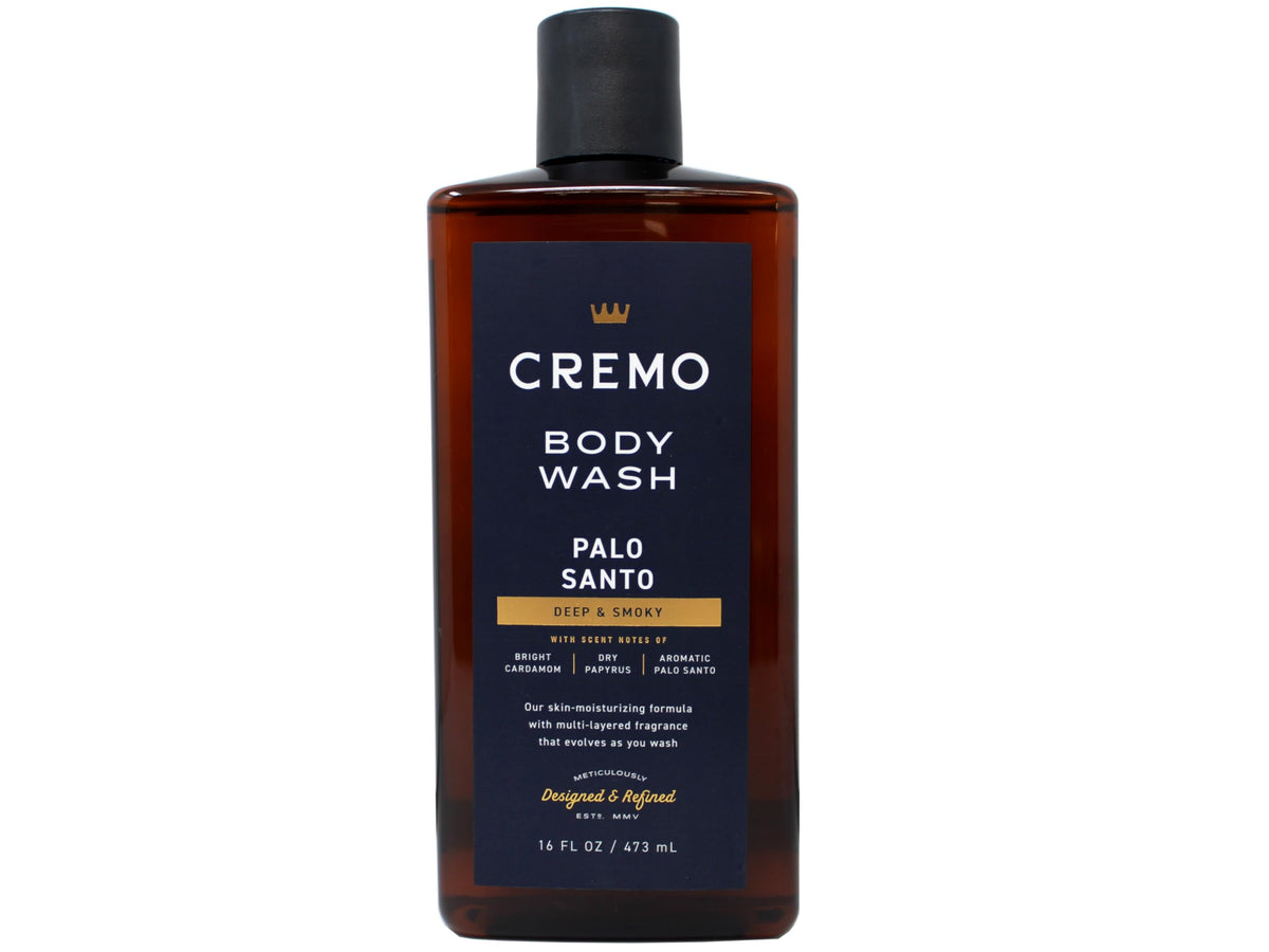 Cremo Palo Santo bottle close-up highlighting label and woody scent depth