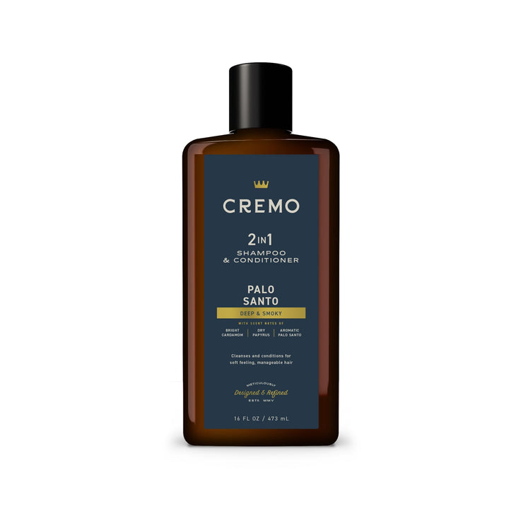 Cremo bottle front view showing Palo Santo scent and 16 fl oz size for easy identification