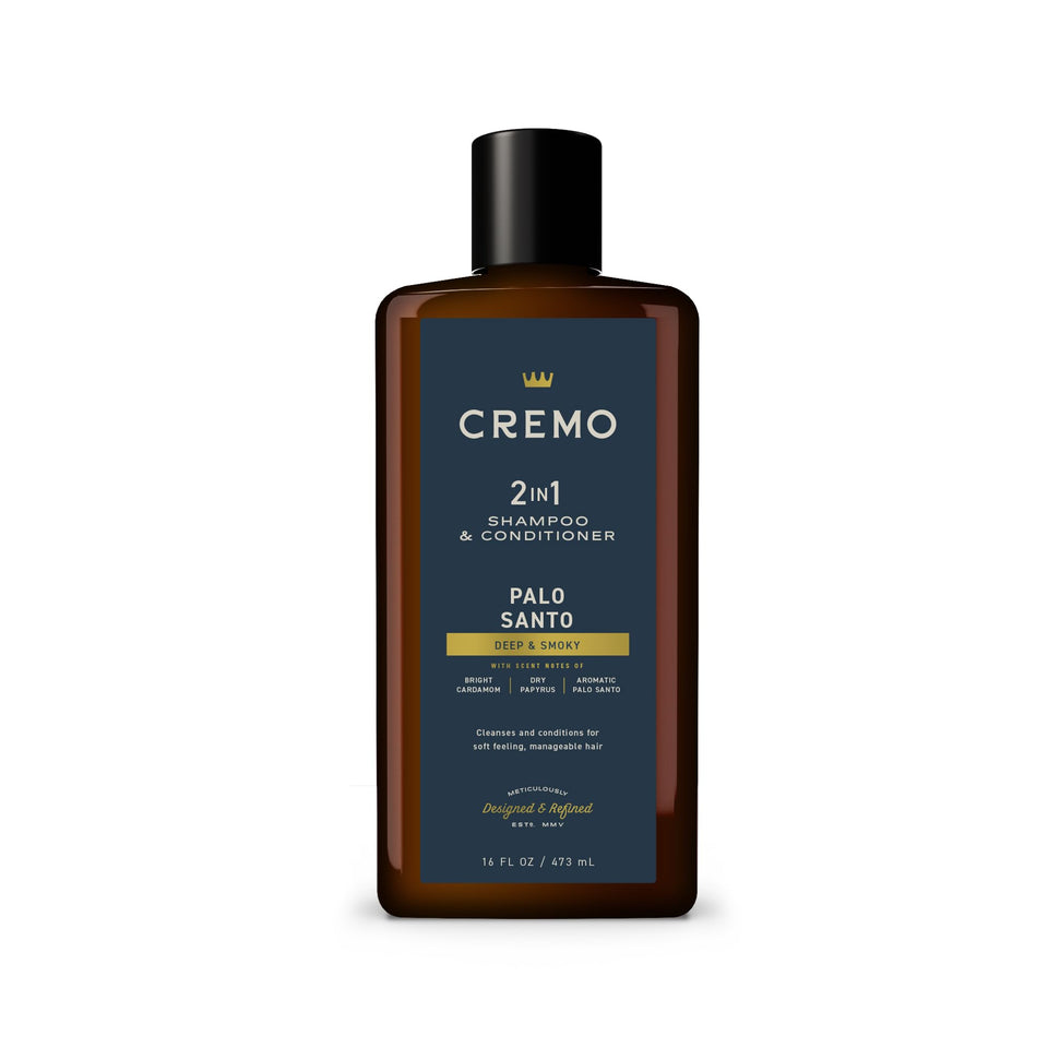Cremo bottle front view showing Palo Santo scent and 16 fl oz size for easy identification