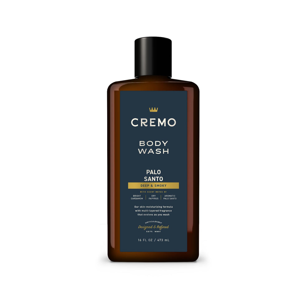 Cremo bottle front label showing Palo Santo fragrance and sizing benefit