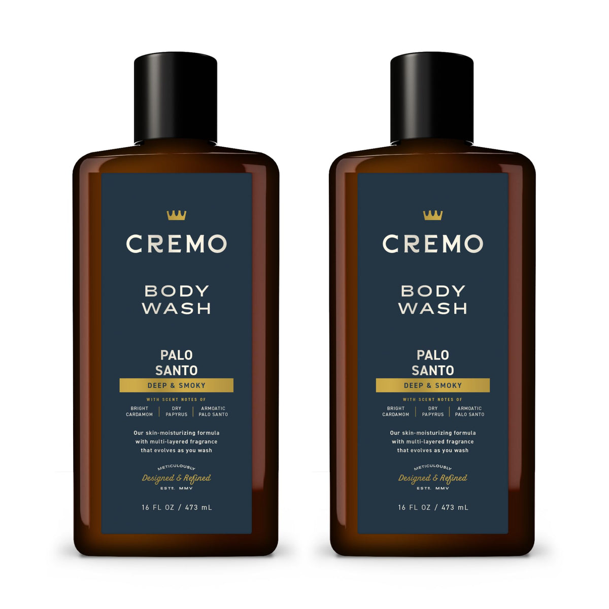 Cremo front packaging showing Palo Santo Reserve label and sleek bottle for elegant shower display