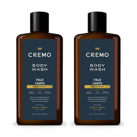 Cremo front packaging showing Palo Santo Reserve label and sleek bottle for elegant shower display