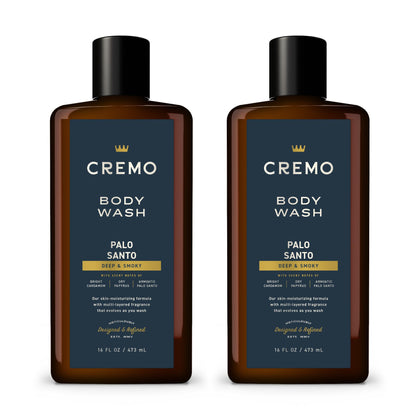Cremo front packaging showing Palo Santo Reserve label and sleek bottle for elegant shower display