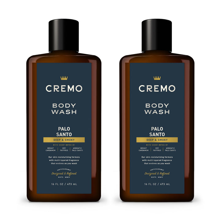Cremo front packaging showing Palo Santo Reserve label and sleek bottle for elegant shower display