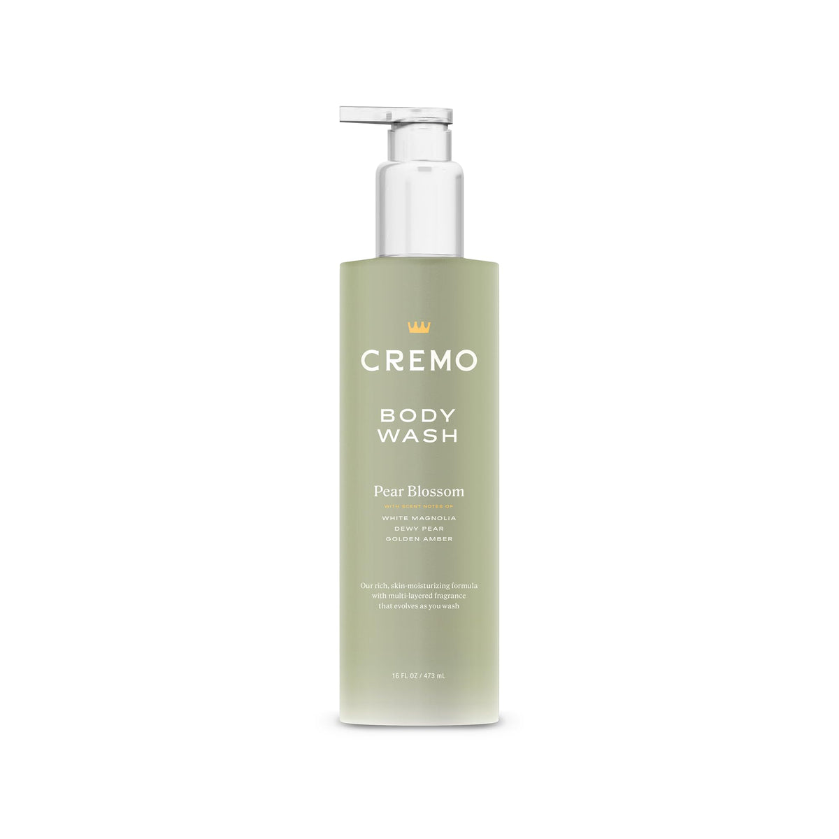 Cremo bottle front label showing pear blossom scent and benefit of luxurious fragrance