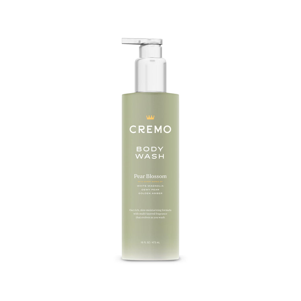 Cremo bottle front label showing pear blossom scent and benefit of luxurious fragrance