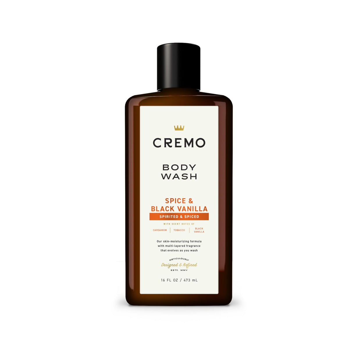 Cremo front label showing spice and black vanilla scent benefits