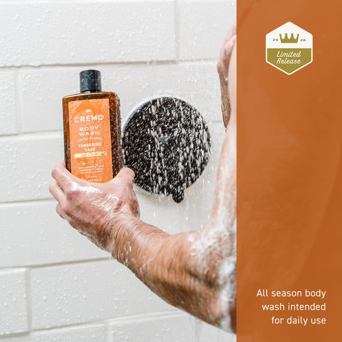 Cremo body wash on loofah producing fragrant lather for efficient cleansing