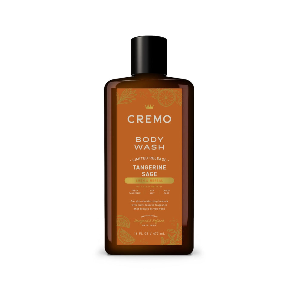Cremo bottle front packaging showing tangerine sage scent and size benefit