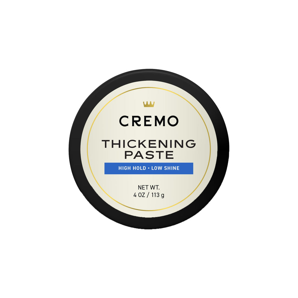 Cremo jar front view showing label and 4 oz size, highlights professional barber quality