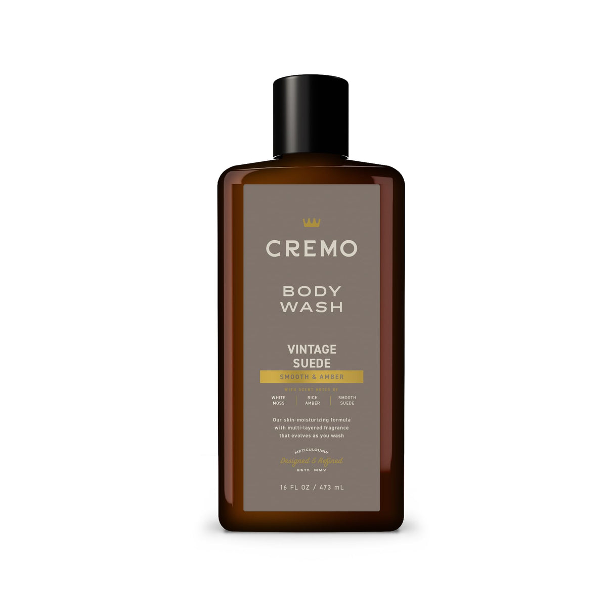 Cremo bottle front packaging showing label and vintage suede scent benefit