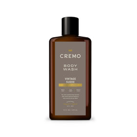 Cremo bottle front packaging showing label and vintage suede scent benefit