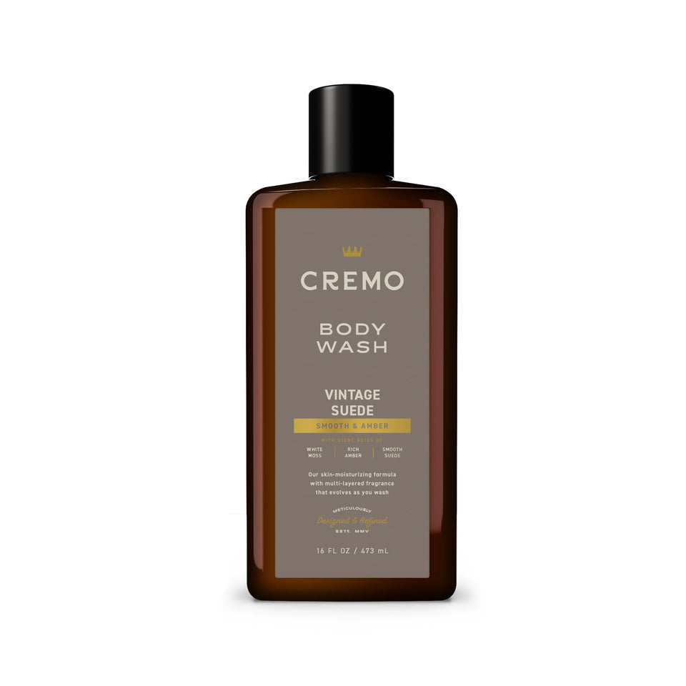 Cremo bottle front packaging showing label and vintage suede scent benefit