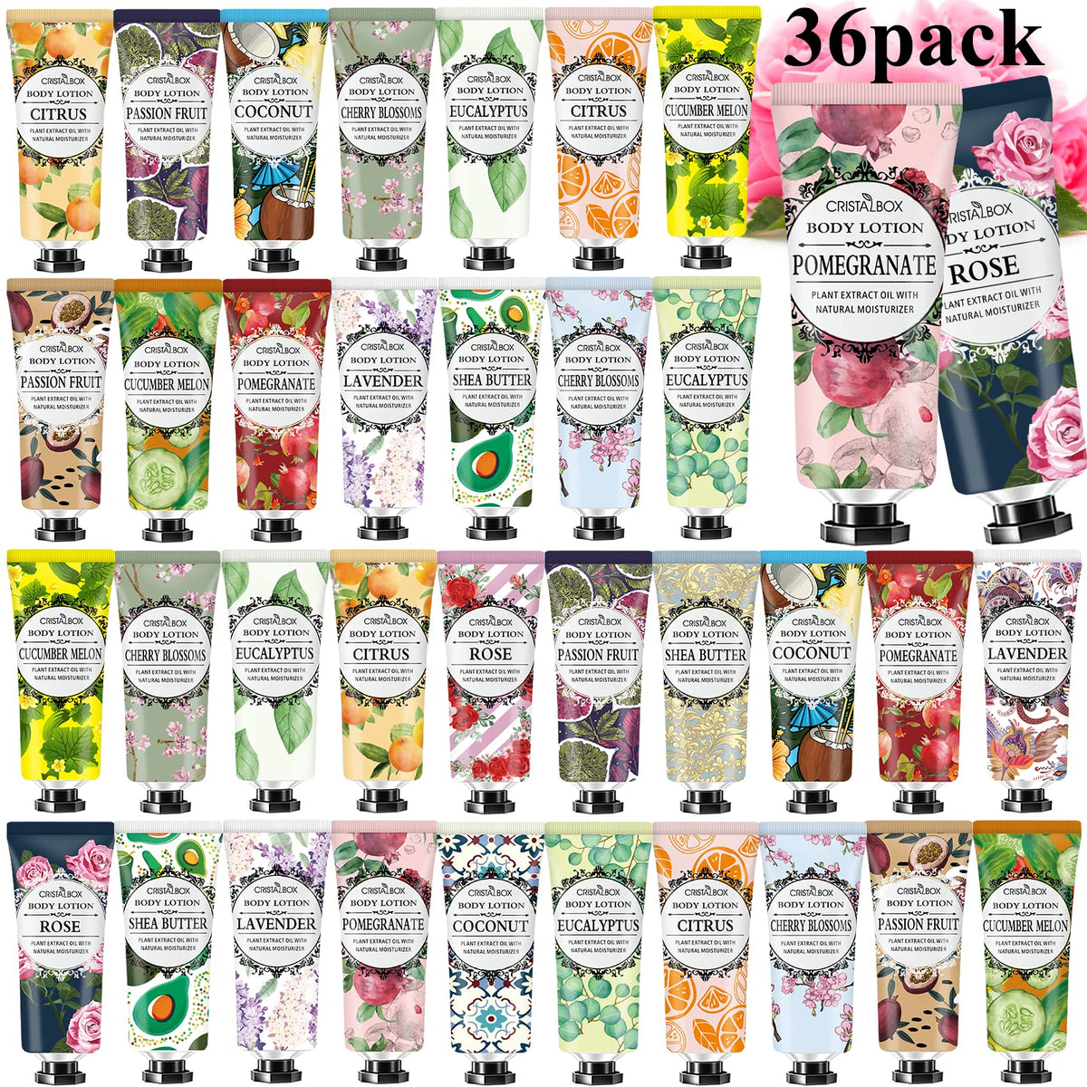 CRISTALBOX front packaging of 36-pack travel lotions showing variety and portability
