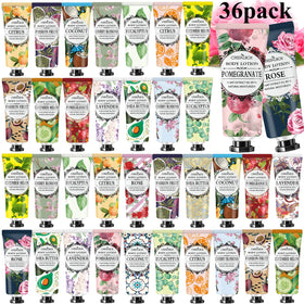 CRISTALBOX front packaging of 36-pack travel lotions showing variety and portability