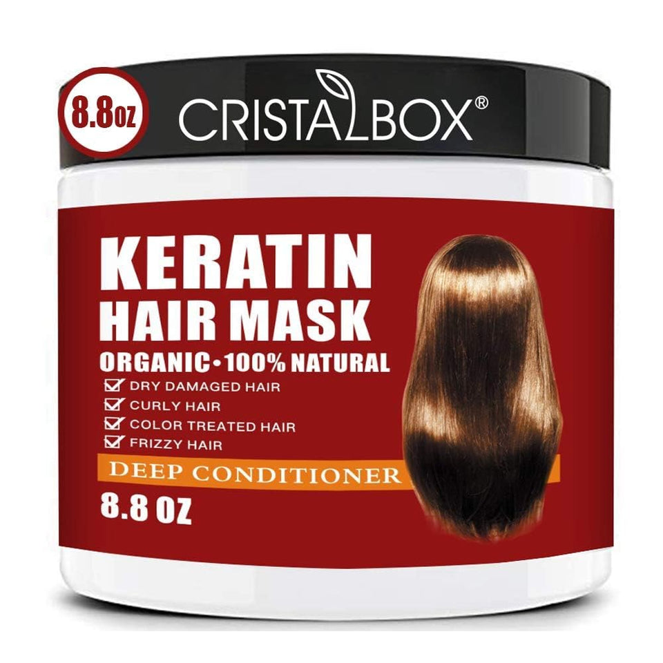 CRISTALBOX keratin hair mask jar front view showing product and branding benefit