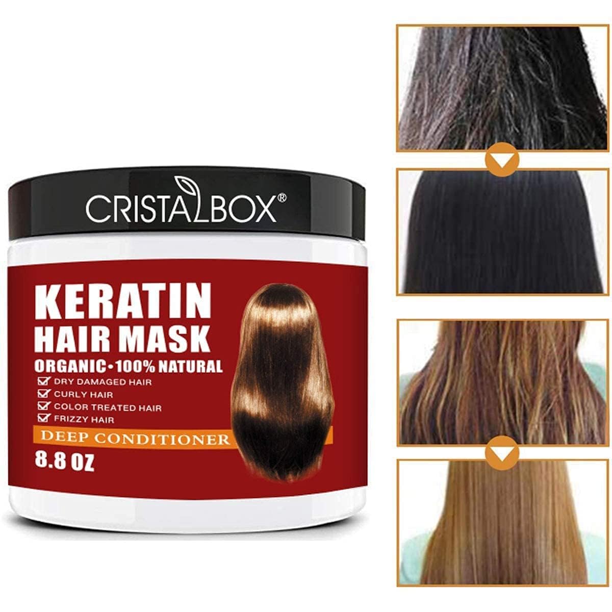 CRISTALBOX keratin mask held in hand for scale and easy scoop benefit