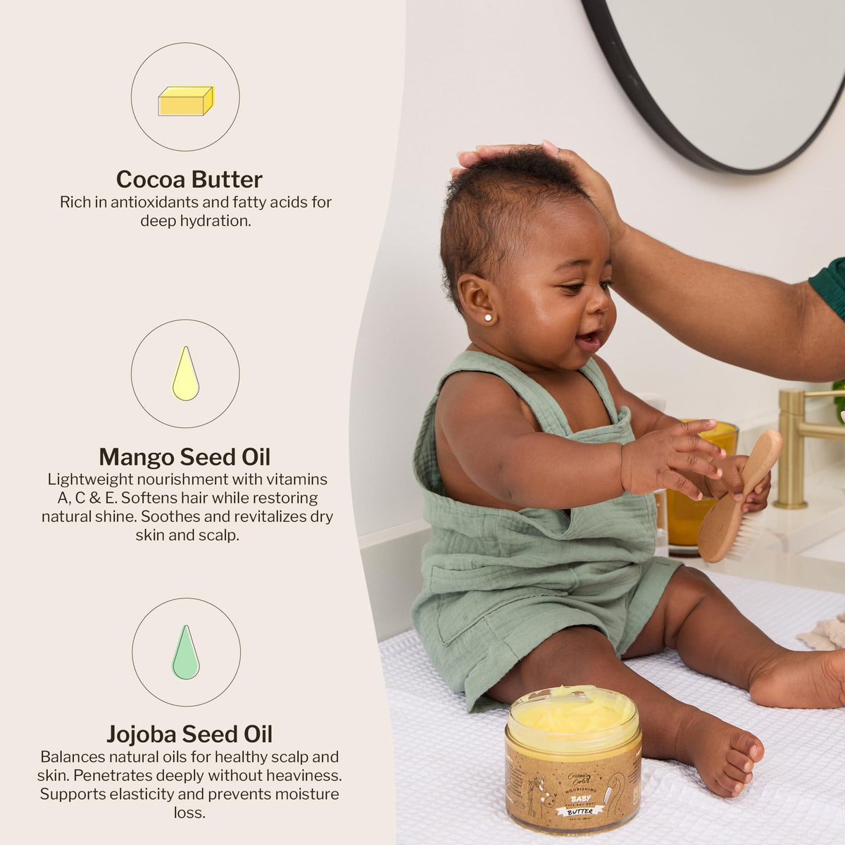 Cristina's Curls being applied to a baby's arm, soothes dry skin quickly and gently