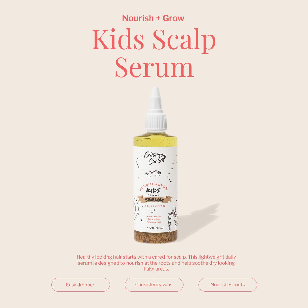 Cristina's Curls dropper applying serum to part for precise scalp nourishment benefit