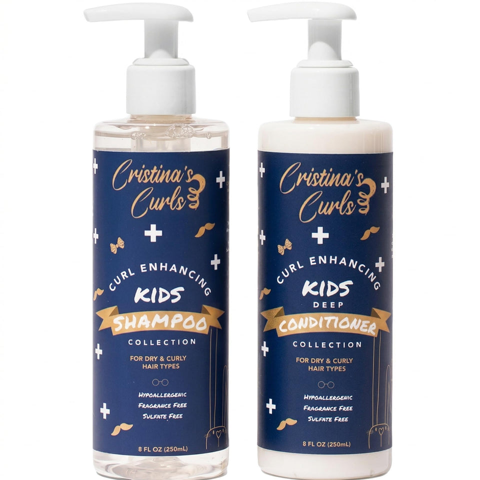 Cristina's Curls front packaging showing the shampoo and conditioner for easy identification and care