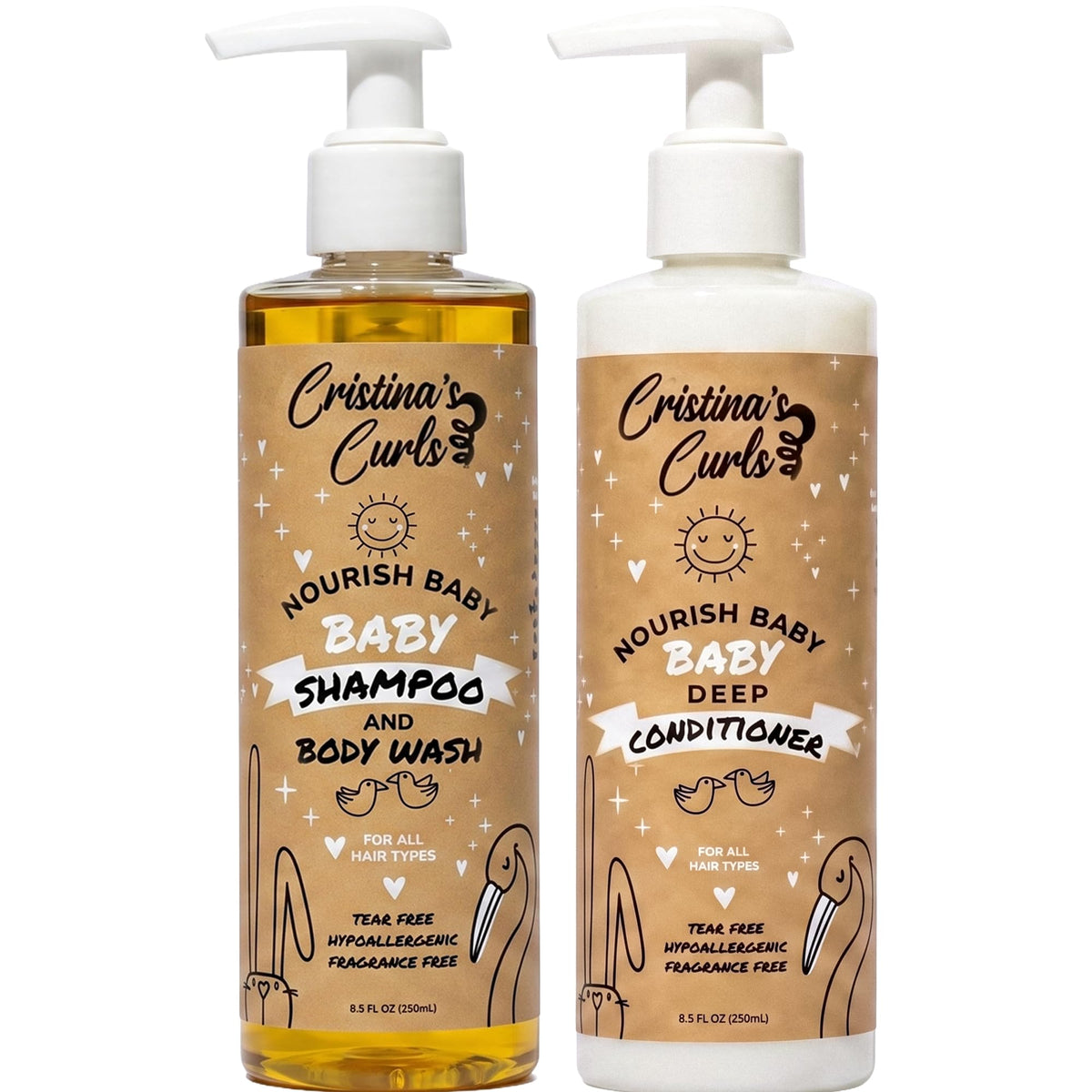 Cristina's Curls product front packaging showing gentle baby shampoo and conditioner benefits