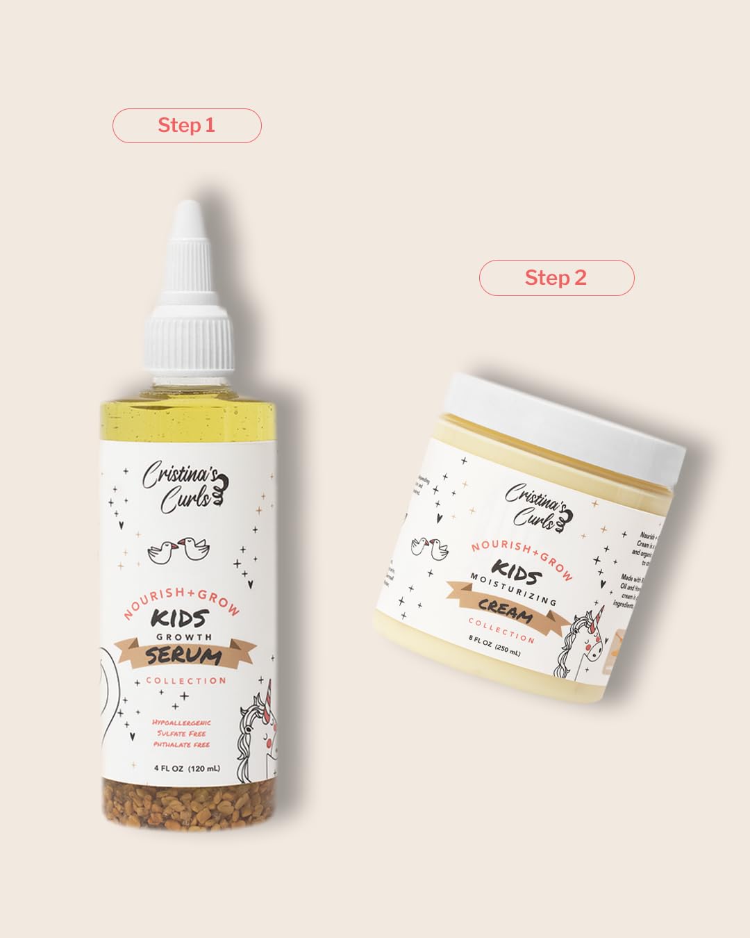 Cristina's Curls serum applied to a child's curly hair demonstrating targeted scalp care benefit