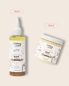 Cristina's Curls serum applied to a child's curly hair demonstrating targeted scalp care benefit