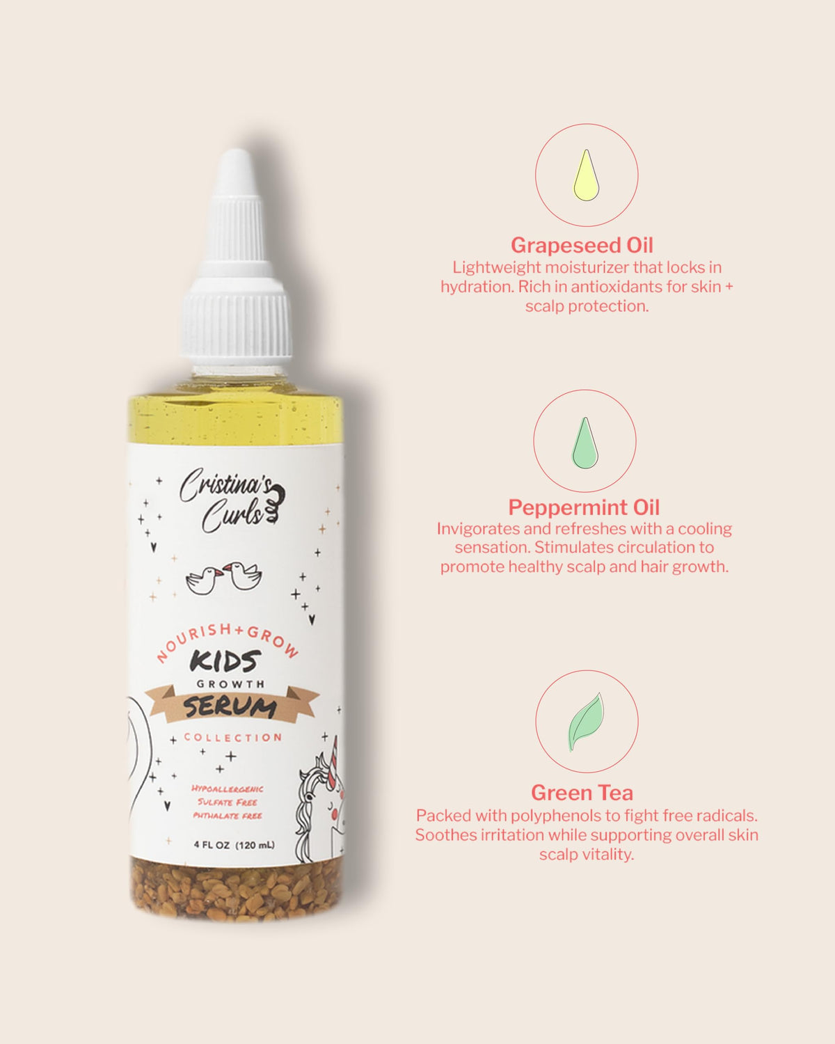 Cristina's Curls serum texture on surface highlighting lightweight, fast-absorbing benefit