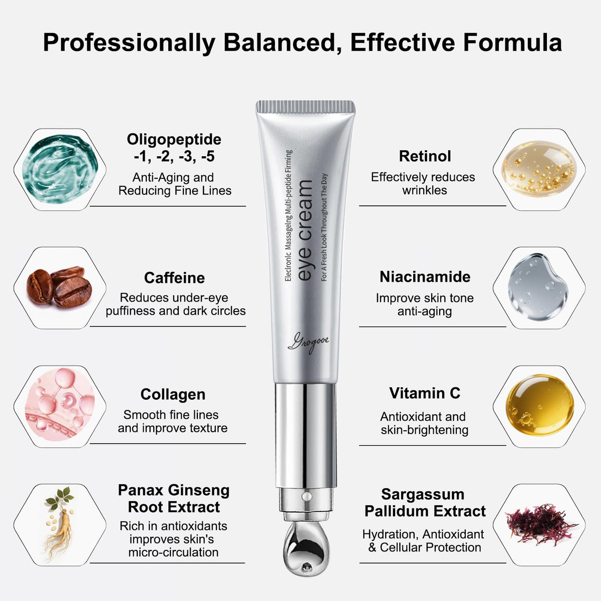 Crogooe being used under-eye with massage tip to reduce puffiness and aid absorption