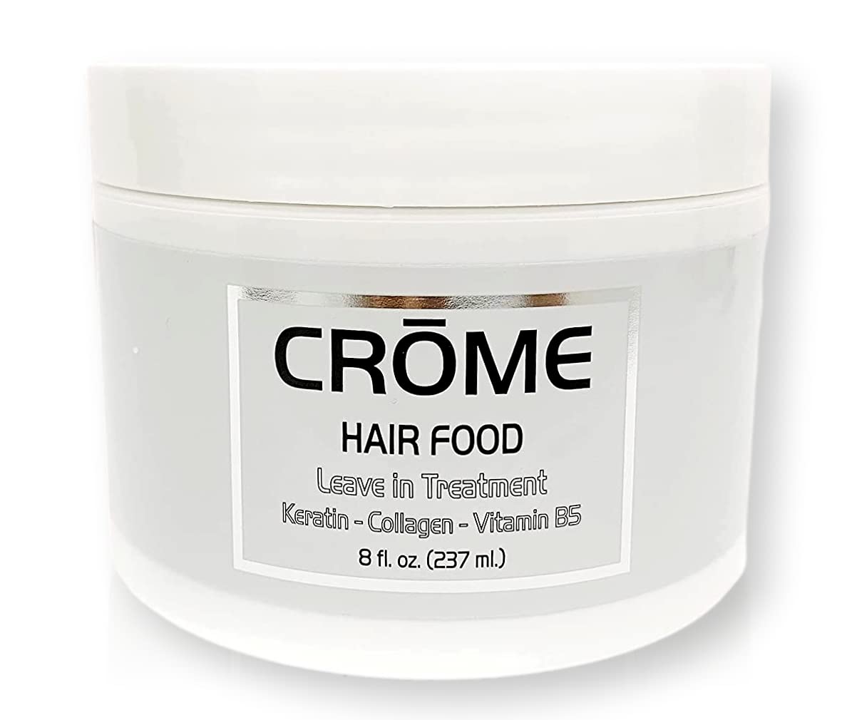 Crome hair food front bottle with black lid showing product label and benefits